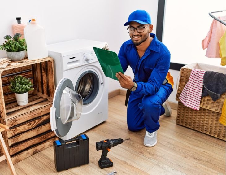 Technician fixing washing machine